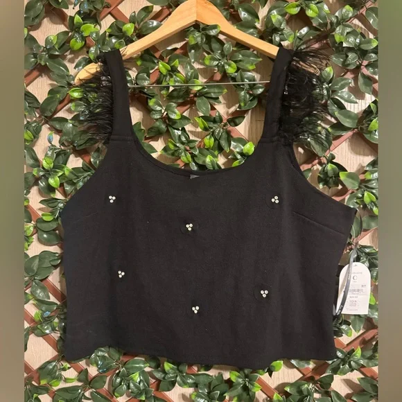 Arula Black Embellished Feather Strap Crop Top NWT – Size C #1 - Picture 2 of 9